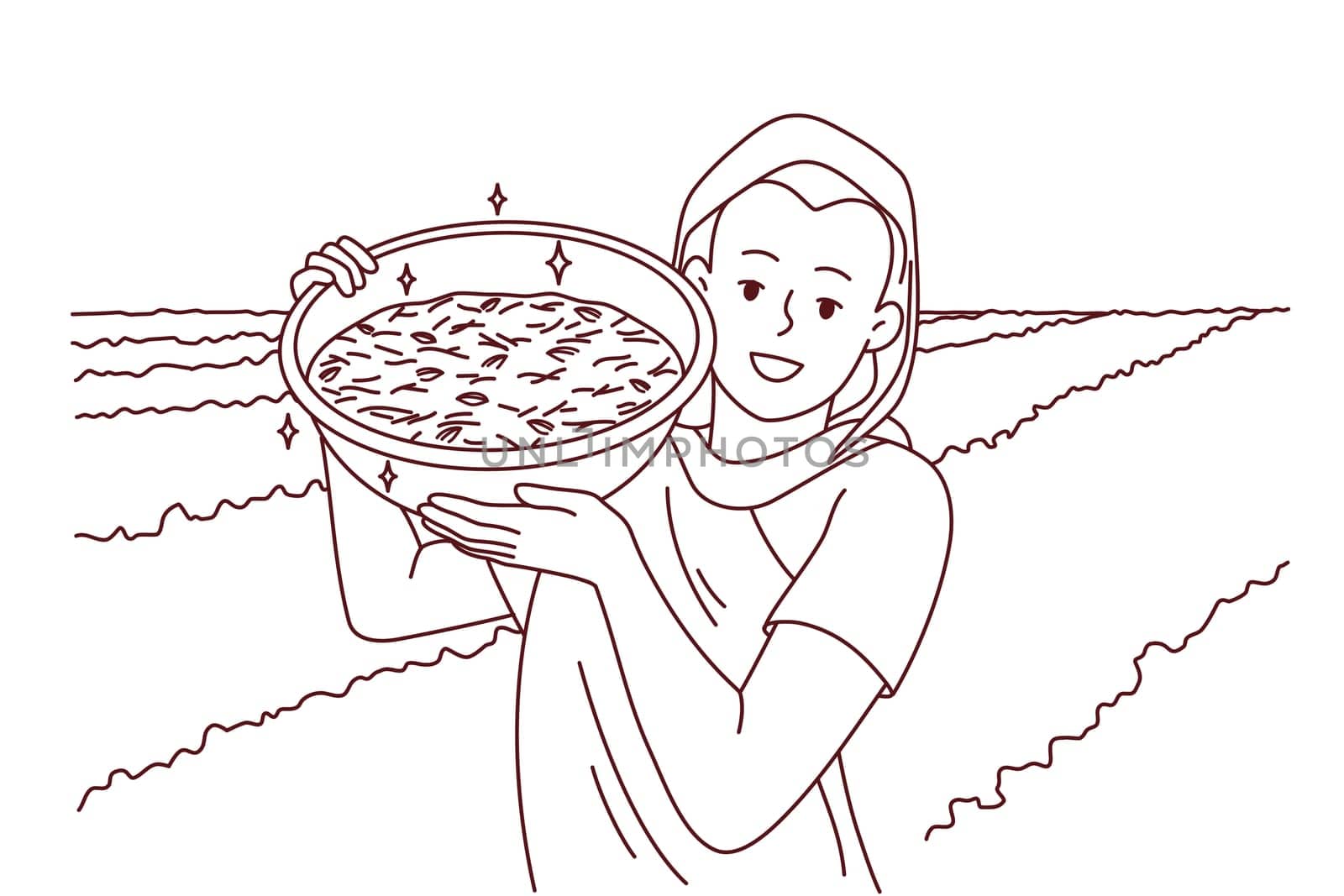 Smiling indian woman in traditional clothes show bowl working in field in countryside. Happy female worker collecting crop in rural grassland. Farming concept. Vector illustration.