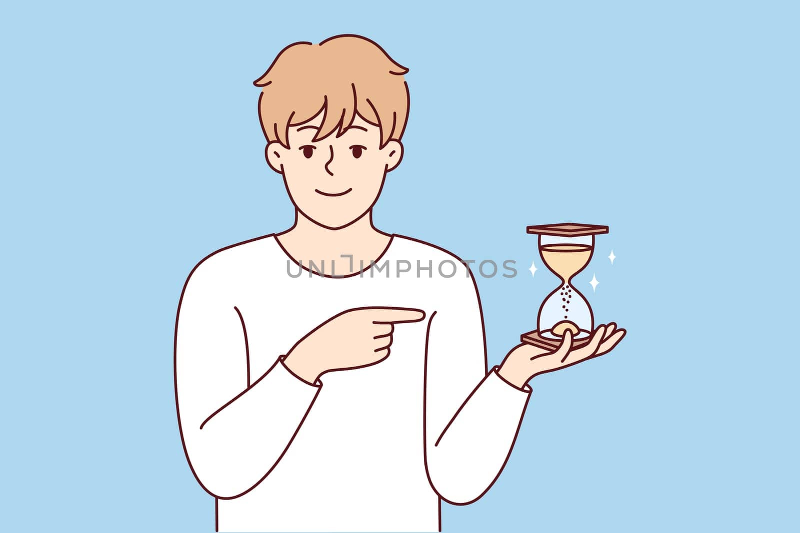 Smiling man point at sandglass