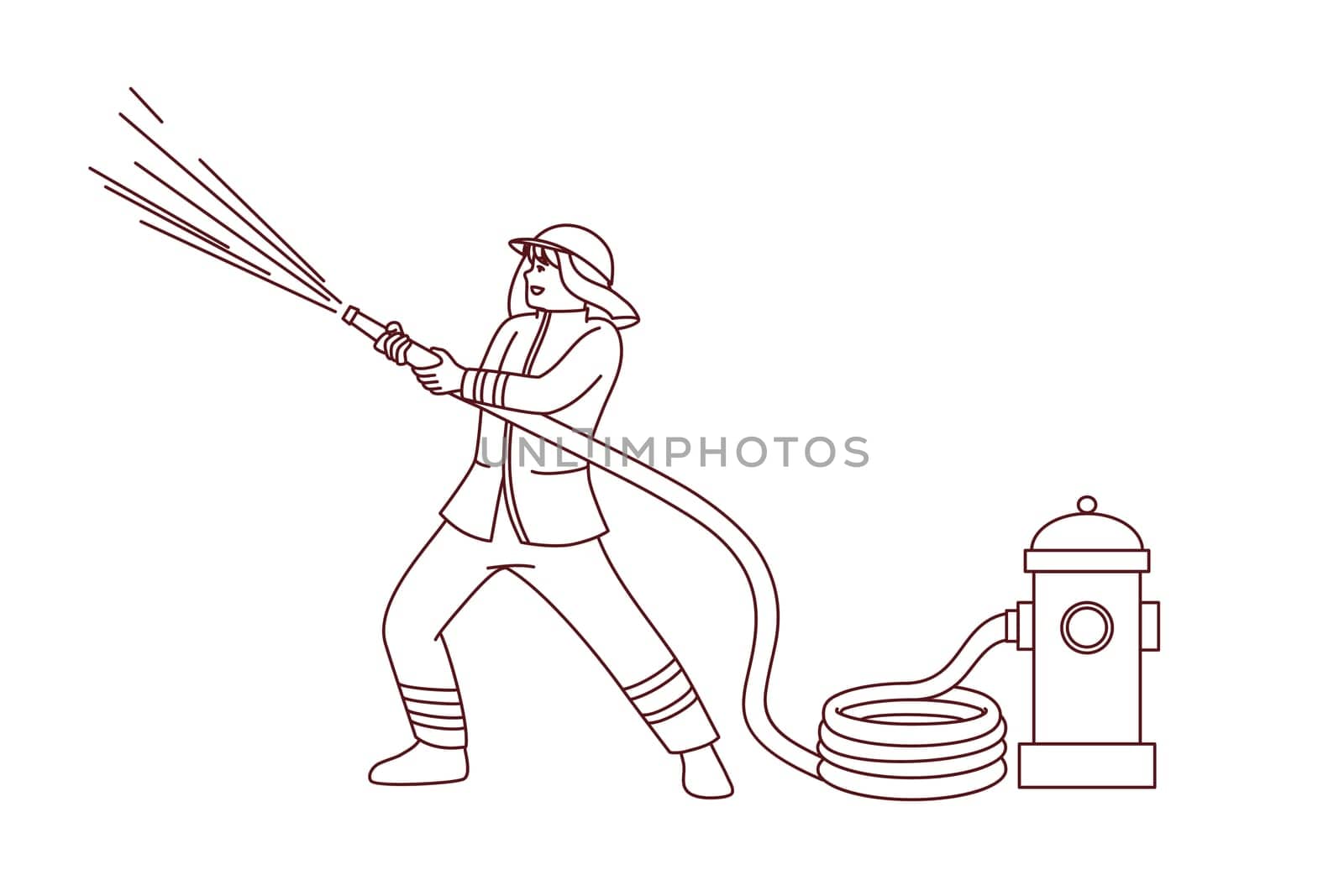 Male fireman with hose pouring water on burning building or house. Man fire fighter in uniform working on emergency site. Firefighting concept. Vector illustration.
