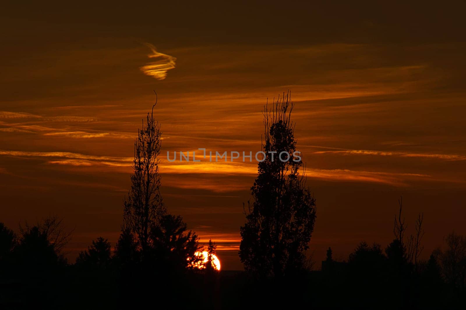 Setting sun on the outskirts of Berlin. The sky seems to burn. Romantic evening sky.