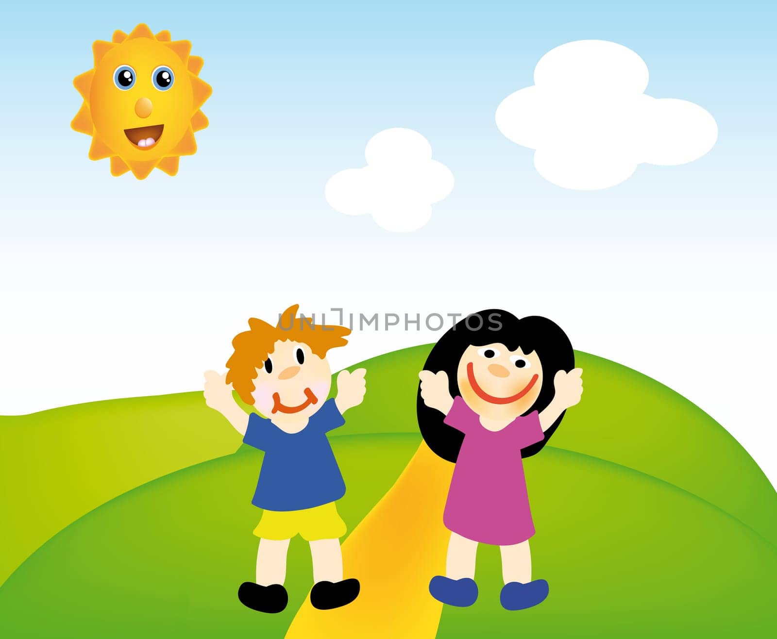 nice illustration of  kids in nice landscape with sun