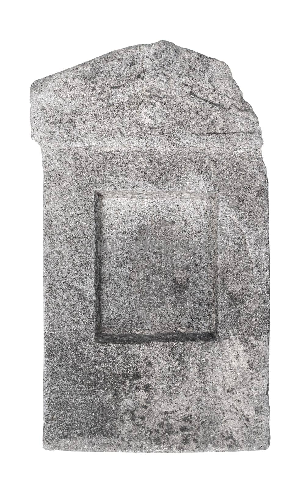 front view closeup of fragment of empty antique large square plaque of stone with irregular edges and inside carved frame texture isolated on white background