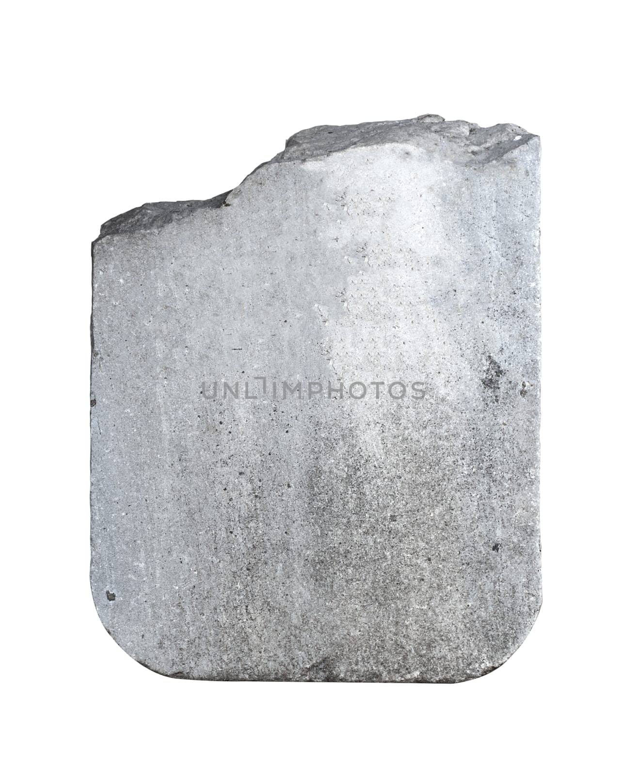 front view closeup of fragment of empty antique large square plaque of stone with round edges and carved texture isolated on white background