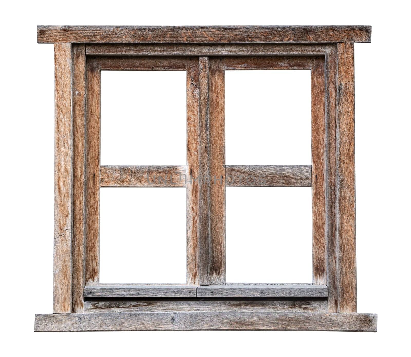 front view closeup of weathered vintage wooden brown window frame isolated on white background
