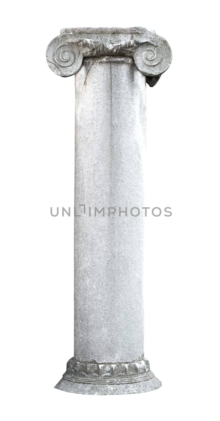 front view closeup of tall architectural antique stone pillar column with pedestal isolated on white background