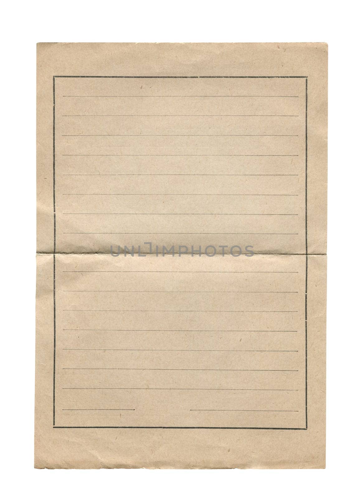 front view closeup of old vintage aged brown page paper with blank notebook writing lines and folding mark isolated on white
