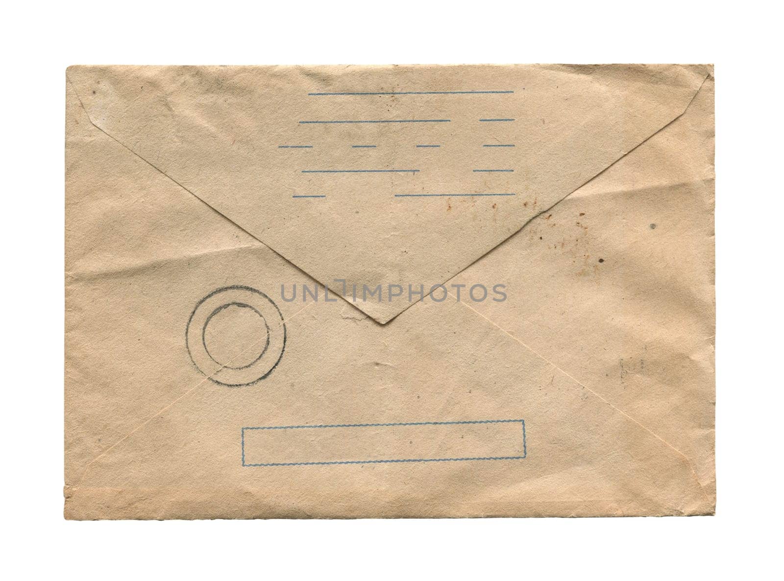 front view closeup of blank old aged vintage closed letter paper postage envelope with torn edges faded stamp print and wrinkled grunge texture isolated on white background