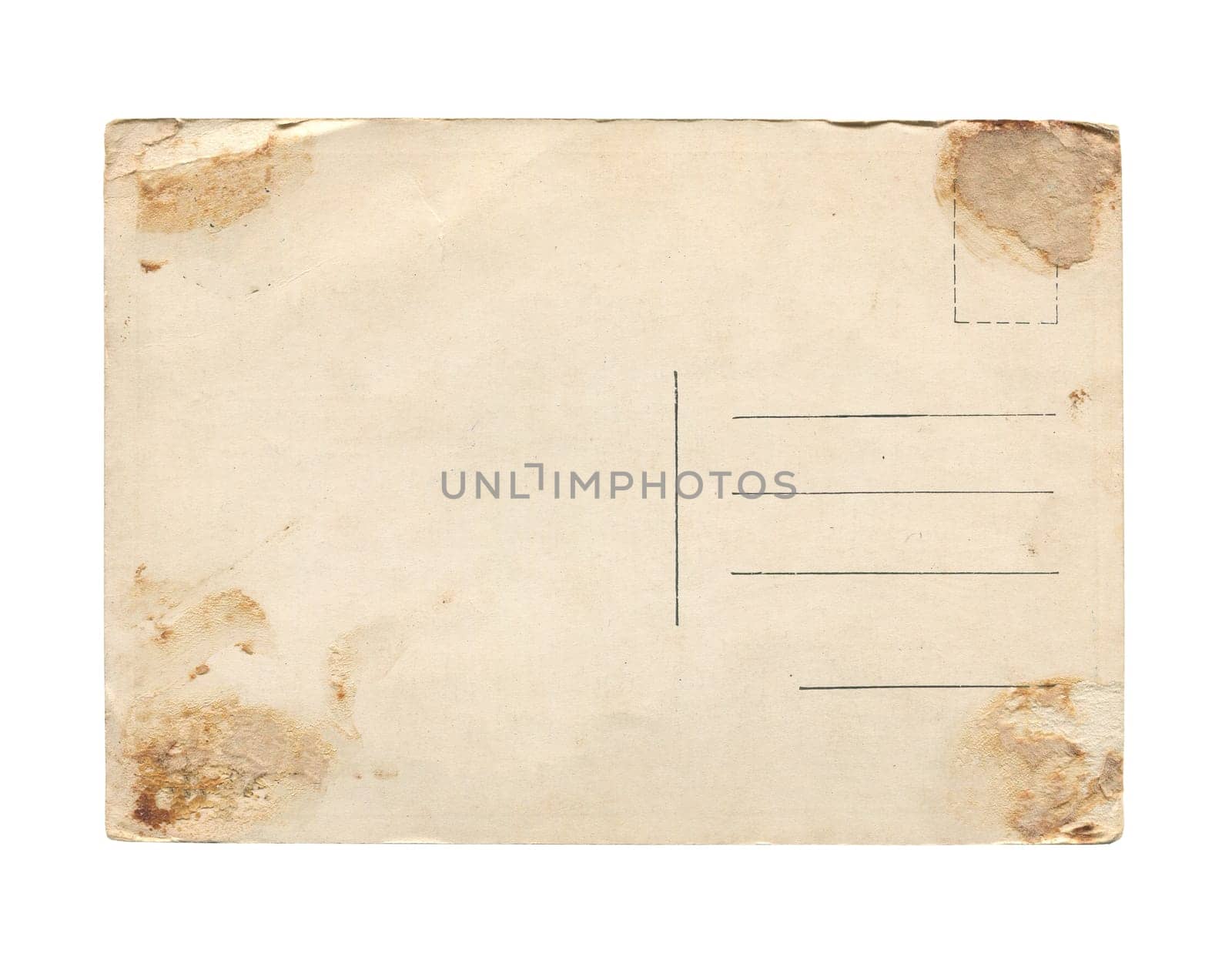 front view closeup of old vintage empty aged paper postcard texture with faded stamp print and brown stains isolated on white