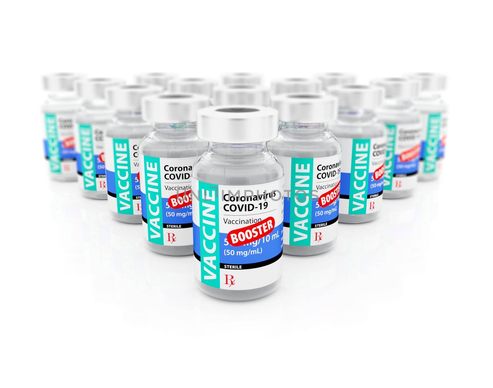 3D Illustration of Coronavirus COVID-19 Vaccine Booster Vials on White Background.
