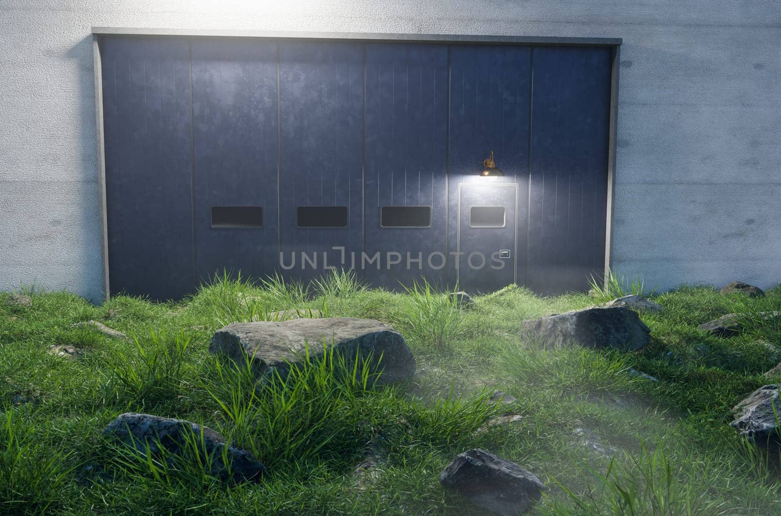 Mysterious Cement Wall and Iron Door with Windows Surrounded by Large Rocks in Field