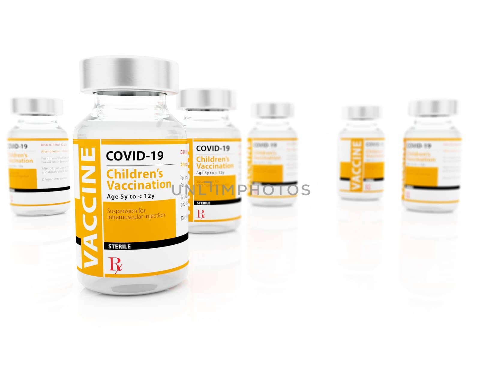 3D Illustration of COVID-19 Vaccine for Children Vials on White Background
