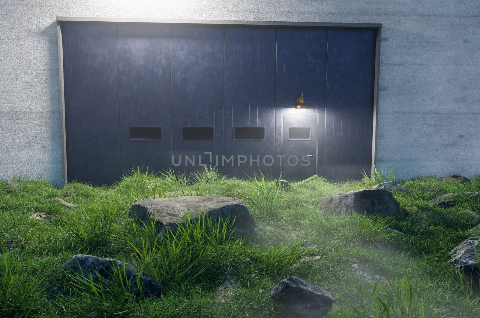 Mysterious Cement Wall and Iron Door with Windows Surrounded by Large Racks in Field