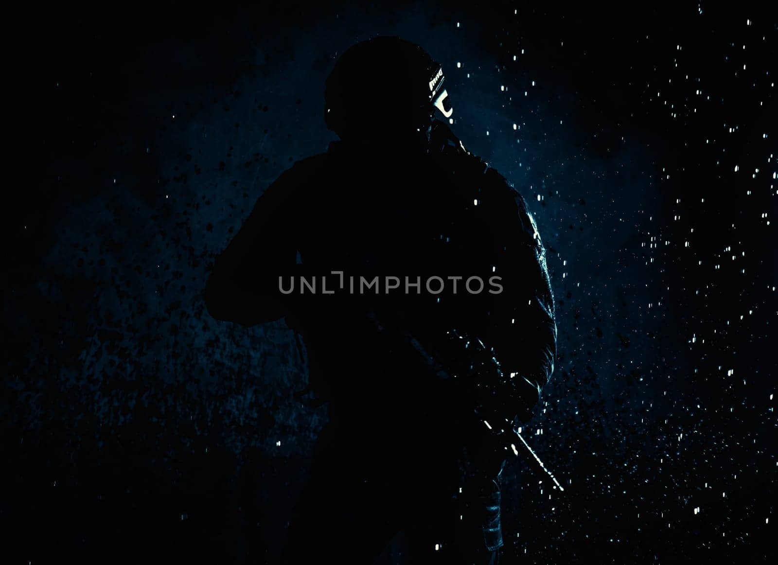 Commando fighter, professional mercenary, special forces soldier with camouflaged face, loaded with ammunition, armed assault rifle, patrolling on secret mission, sneaking in darkness ready to fight
