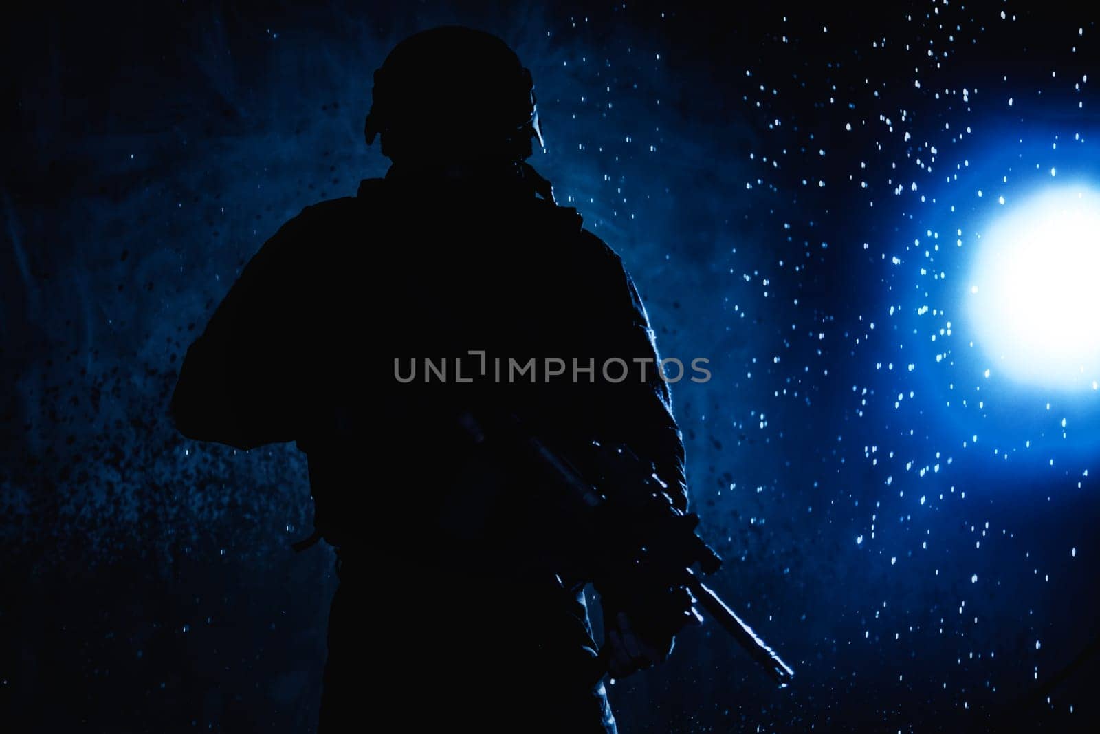 Special forces fighter, counter terrorist team shooter aiming assault rifle, shooting in firefight, breaking through rain on battlefield, rushing on enemies, attacking targets on moon night lit by moonlight