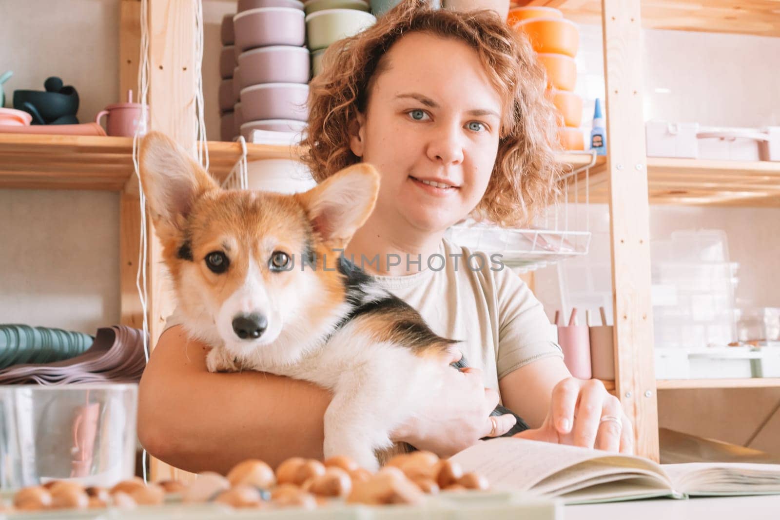 Curly haired glad, cheerful businesswoman, owner with dog corgi sitting, relaxing and reading book at workplace indoors. Small business, silicone dishes for babies. Home comfortable office, store