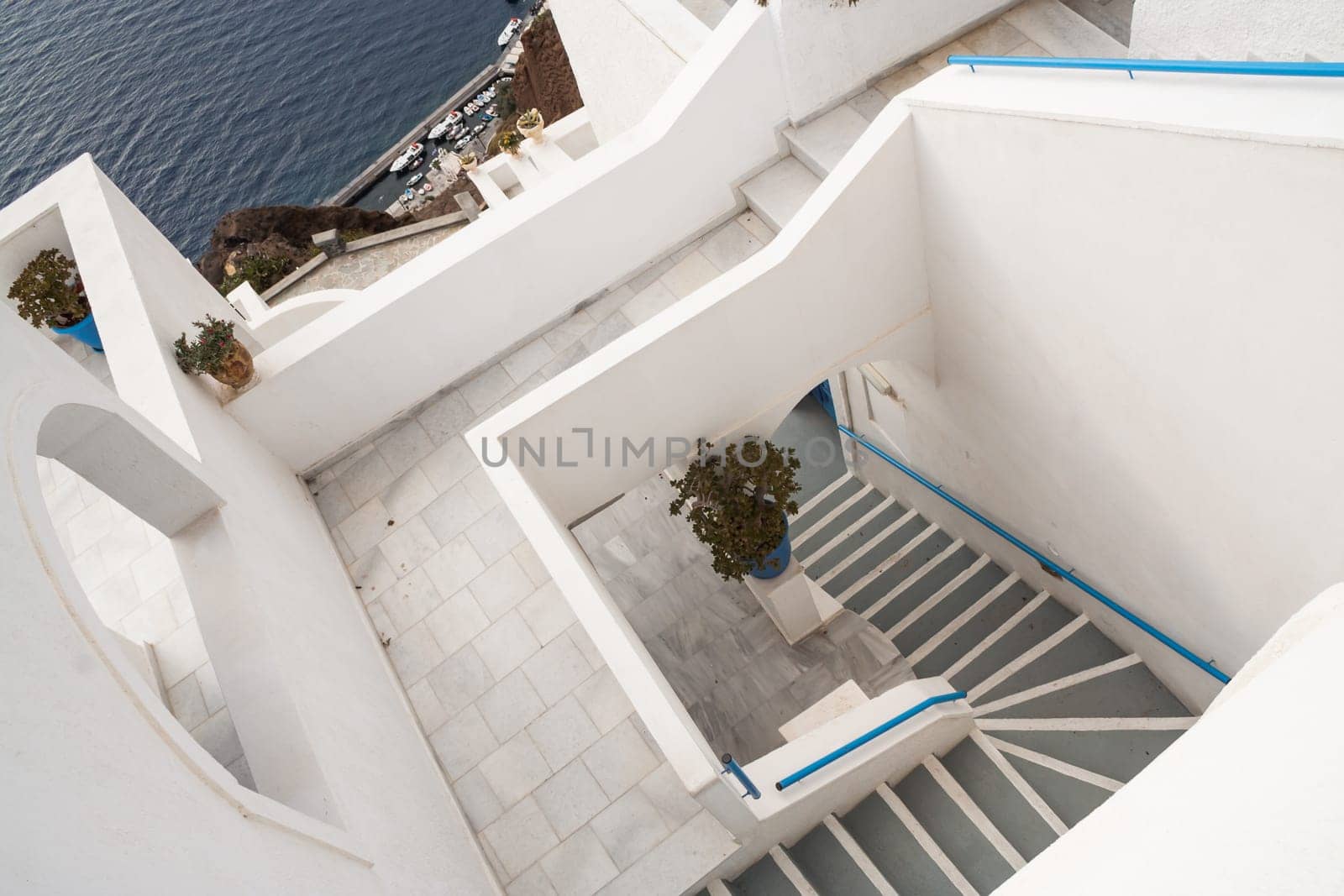 Beautiful White Stairs of Buildings in Santorini Greece.