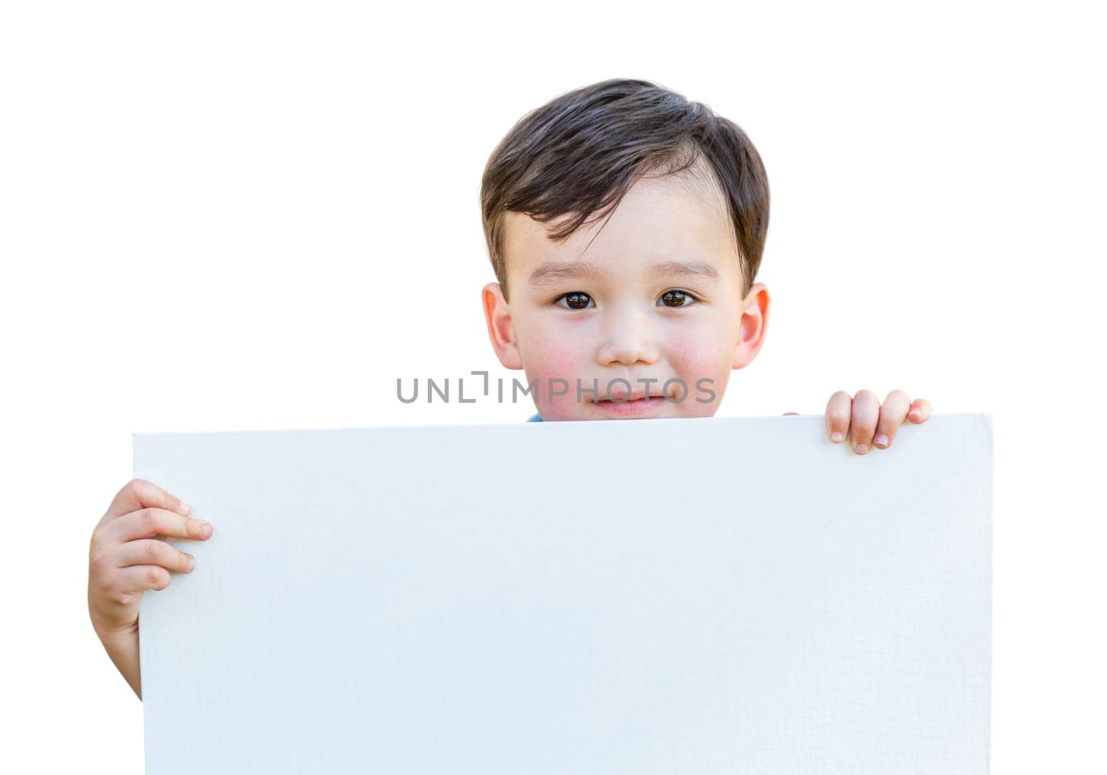 Chinese and Caucasian Boy Holding Blank Poster Board Isolated on White Background.