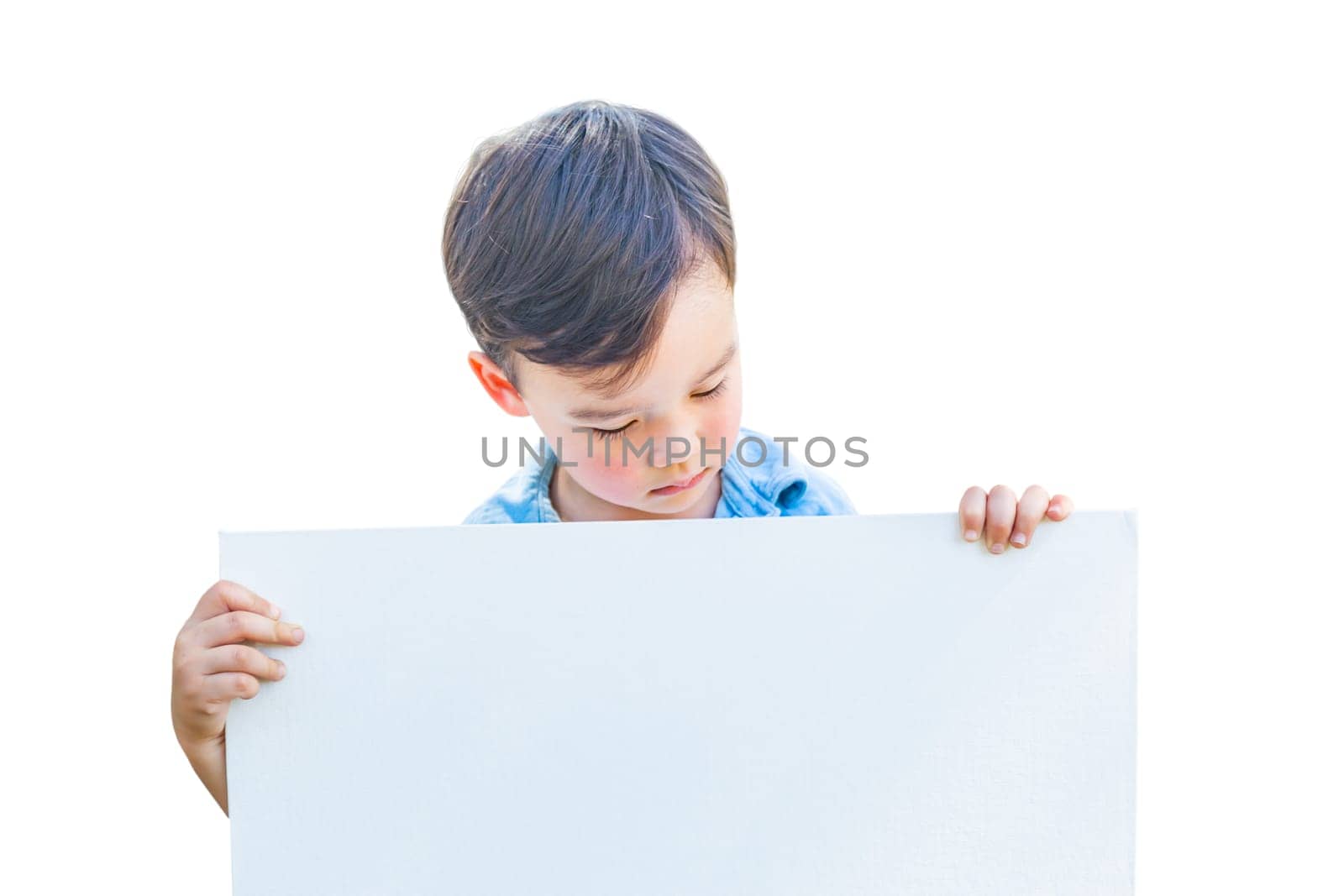 Chinese and Caucasian Boy Holding Blank Poster Board Isolated on White Background.