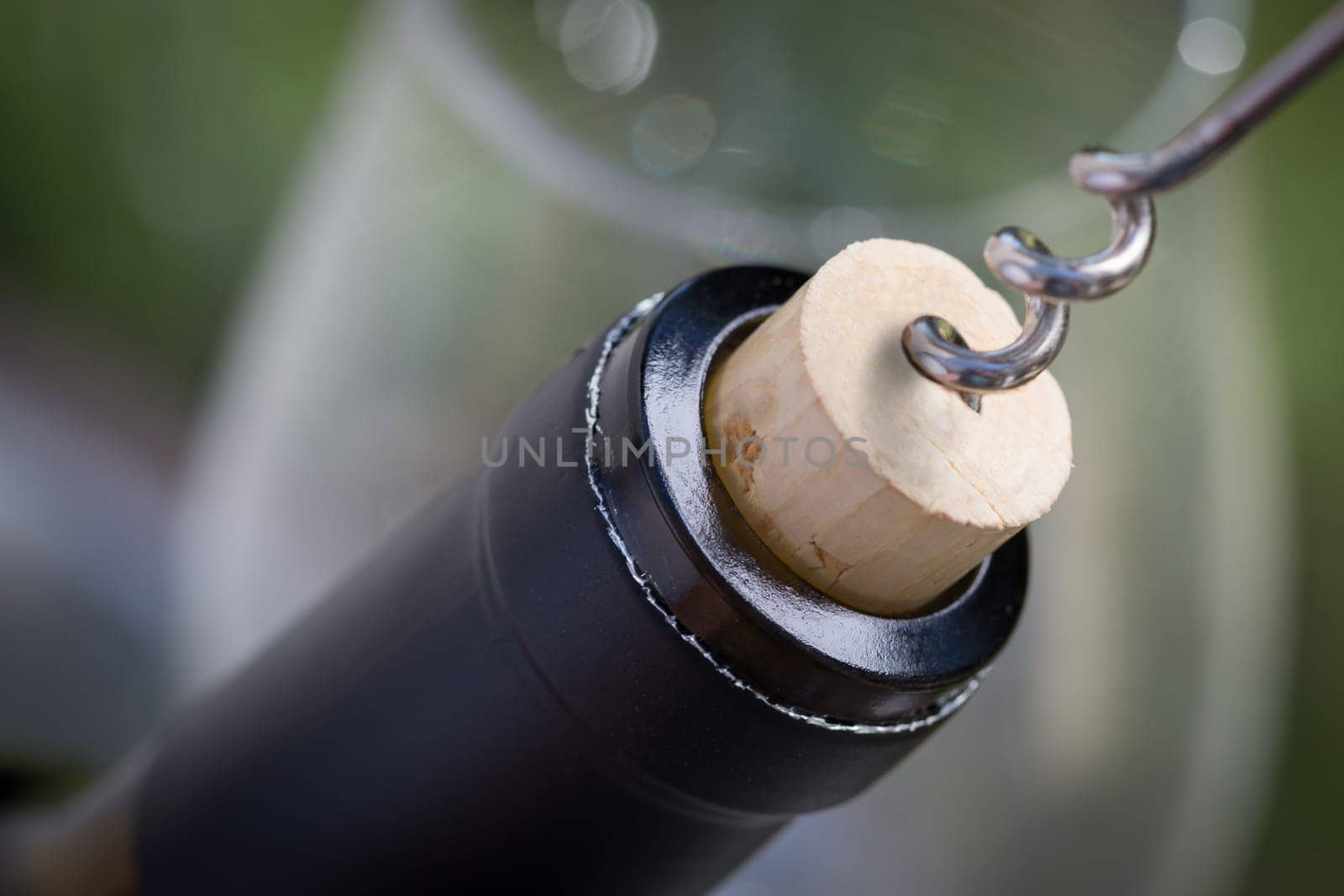 Close-up of Corkscrew Twisted Into Cork of Wine Bottle.
