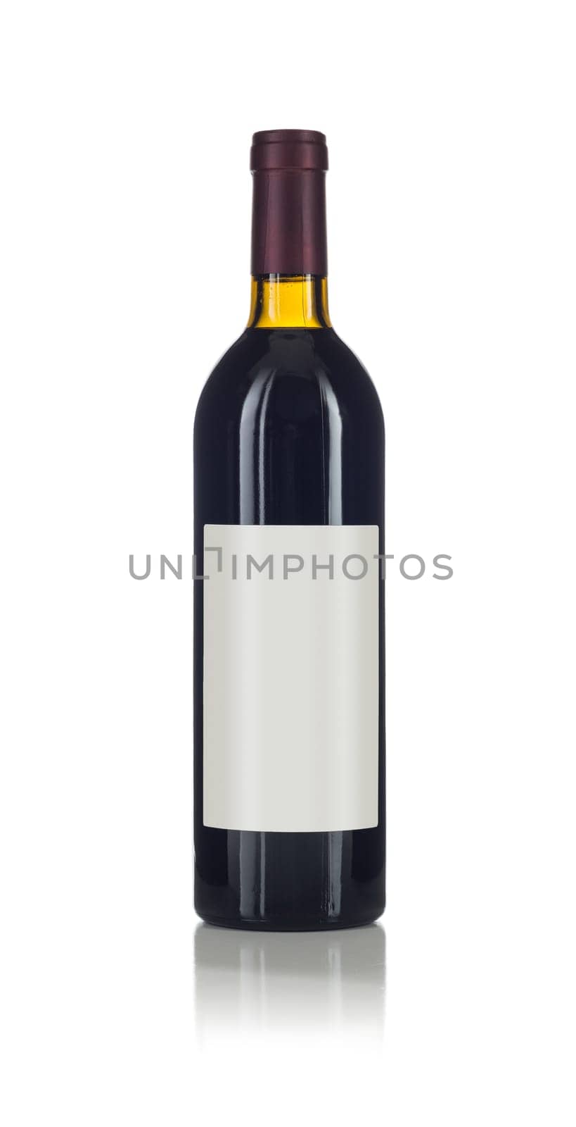 Wine Bottle with Dark Colored Wine and Blank Wine Label Ready for You Own Design and Text Against a White Background..