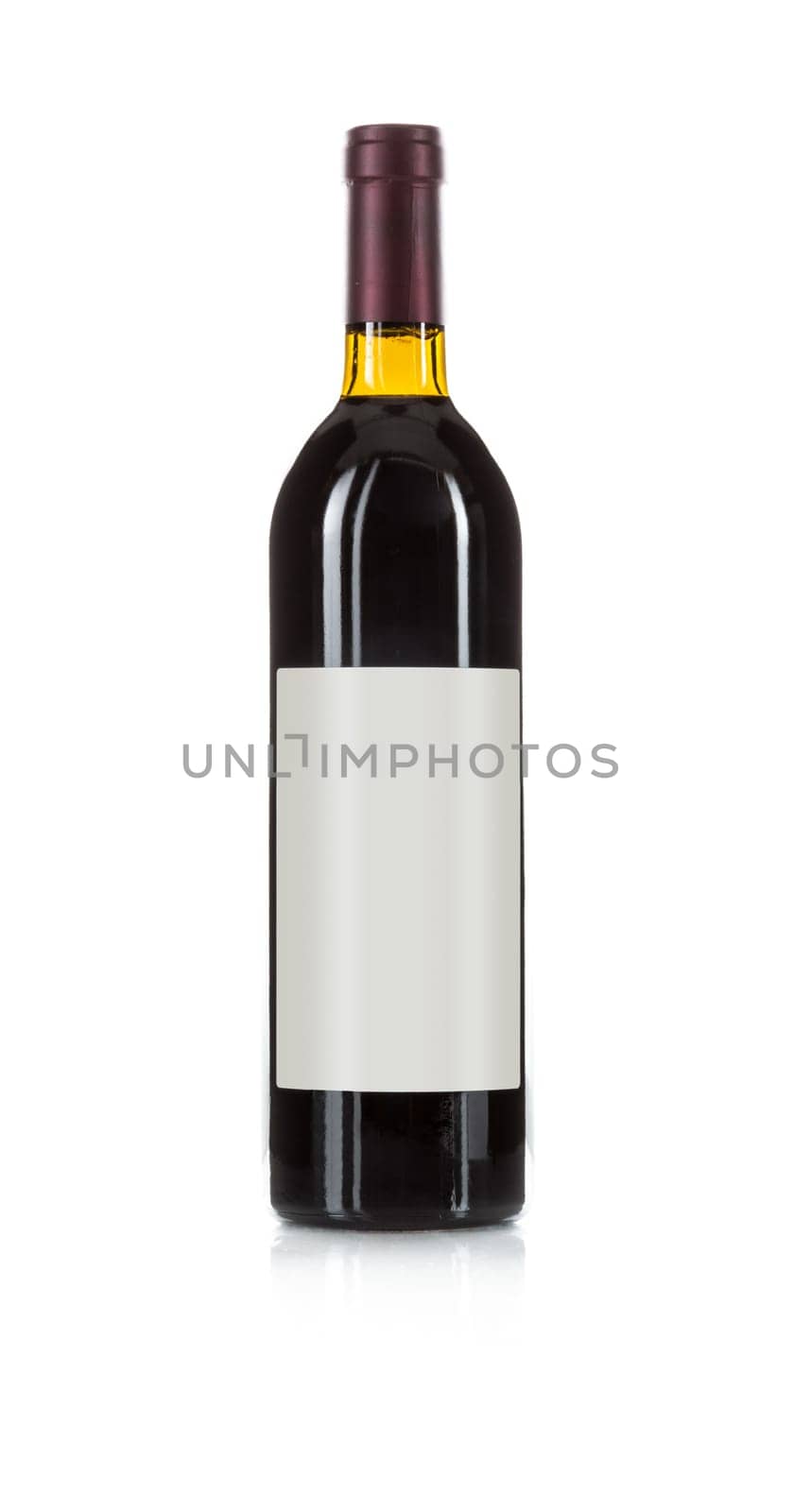 Wine Bottle with Dark Colored Wine and Blank Wine Label Ready for You Own Design and Text Against a White Background..