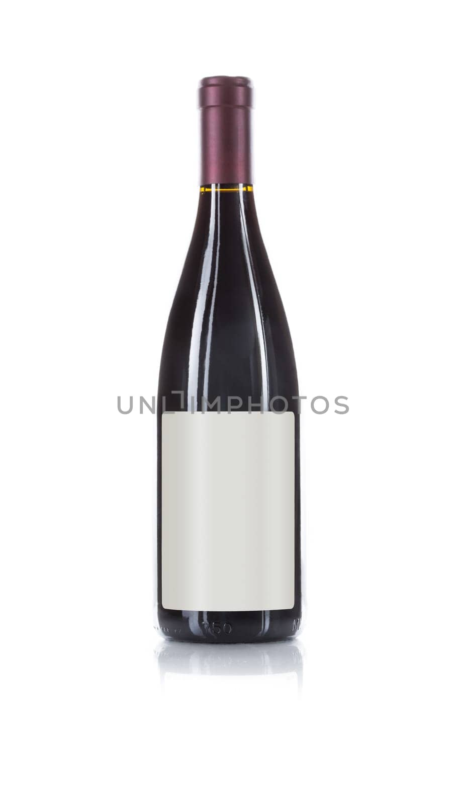 Wine Bottle with Dark Colored Wine and Blank Wine Label Ready for You Own Design and Text Against a White Background..