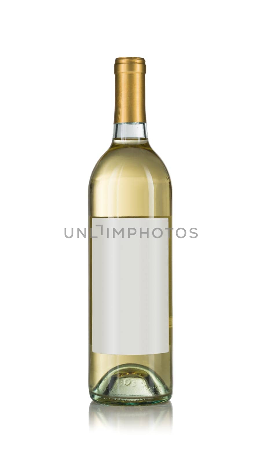Wine Bottle with Light Colored Wine and Blank Wine Label Ready for You Own Design and Text Against a White Background..