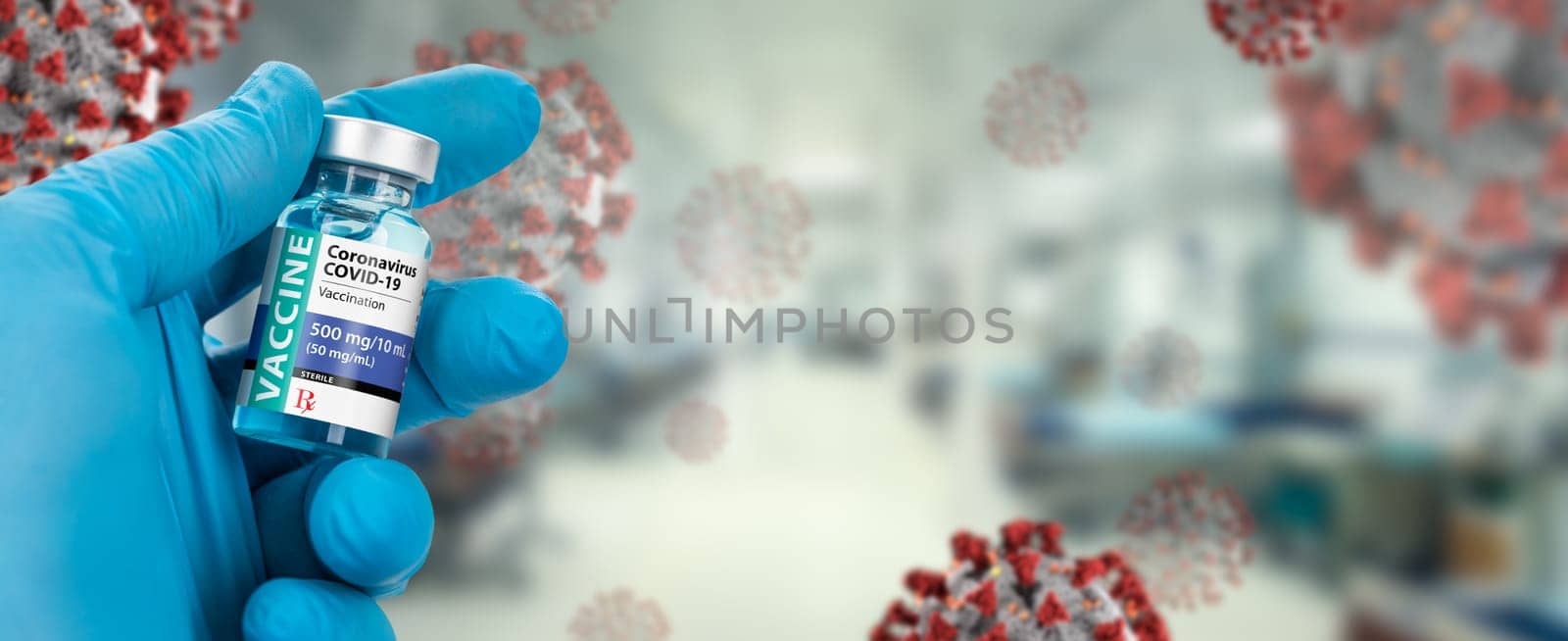 Doctor or Nurse Holding Coronavirus COVID-19 Vaccine Vial Against Molecule and Hospital Banner.