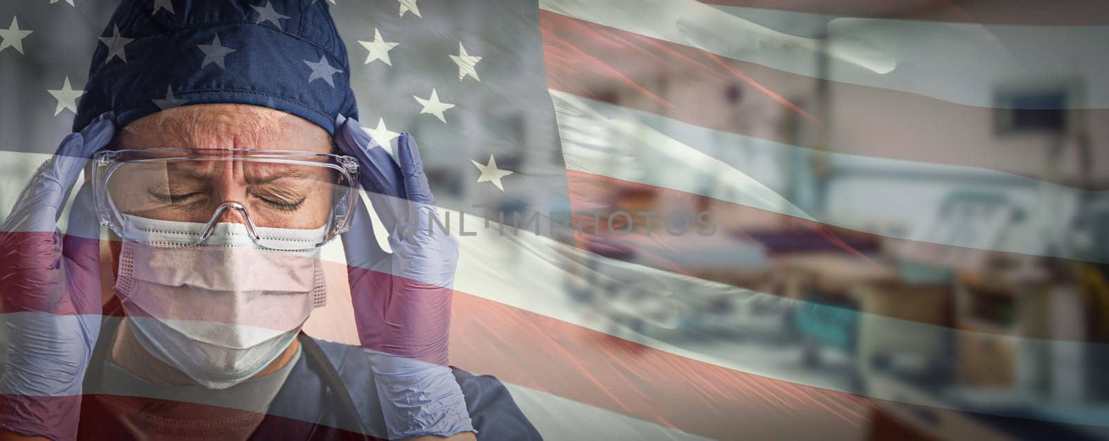Stressed Doctor or Nurse Wearing Medical Personal Protective Equipment (PPE) Within Hospital Against Ghosted American Flag.