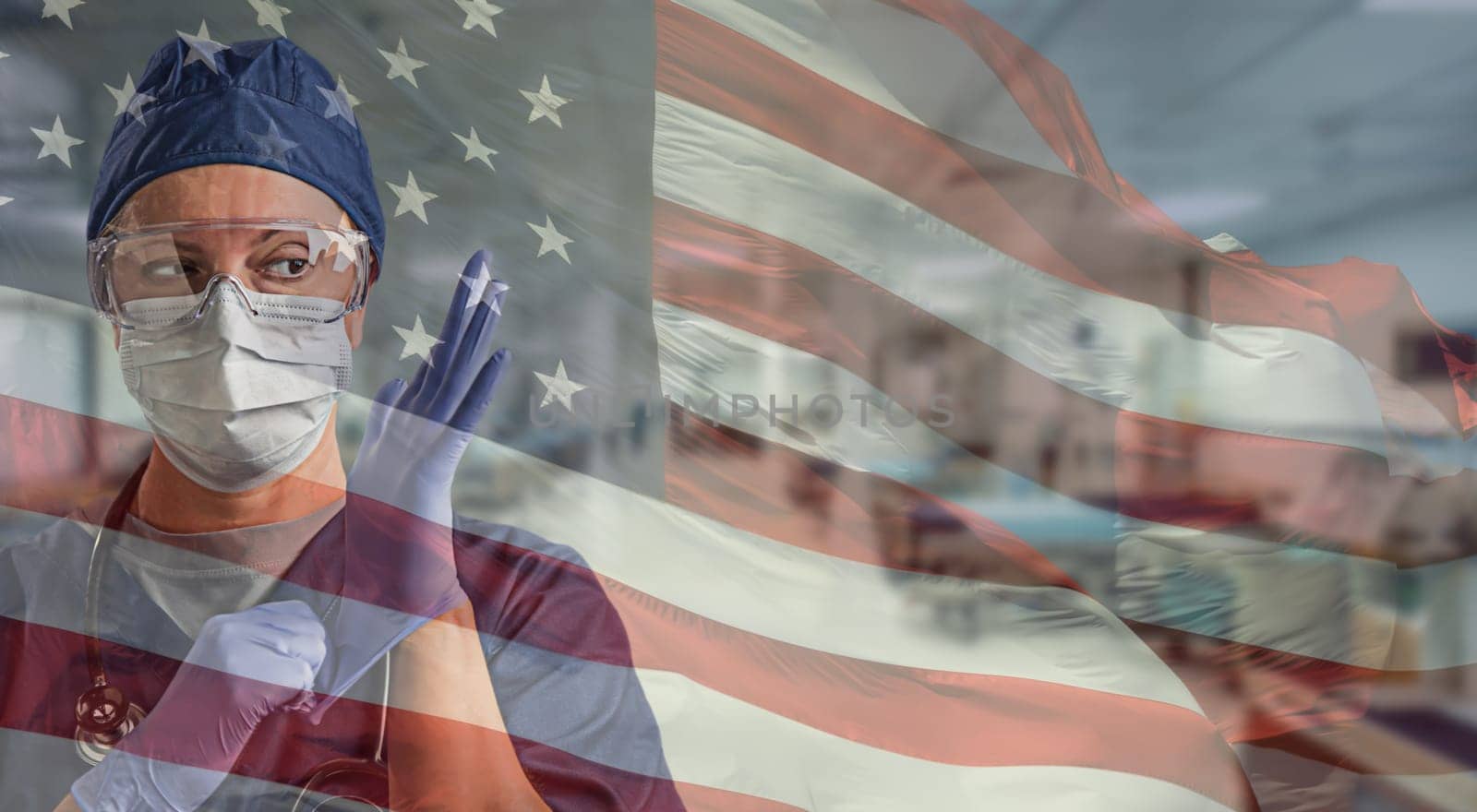 Doctor or Nurse Wearing Medical Personal Protective Equipment (PPE) Within Hospital Against Ghosted American Flag.