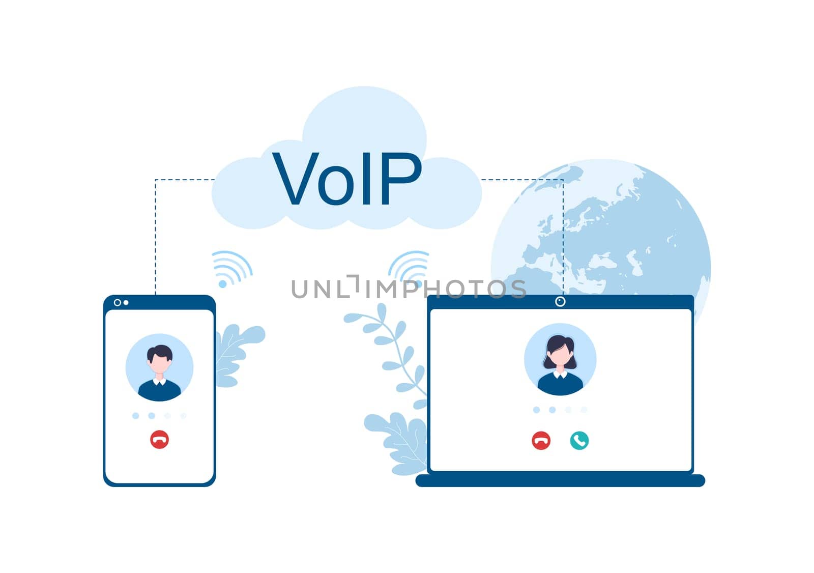 VOIP or Voice Over Internet Protocol with Telephony Scheme Technology and Network Phone Call Software in Template Hand Drawn Cartoon Flat Illustration