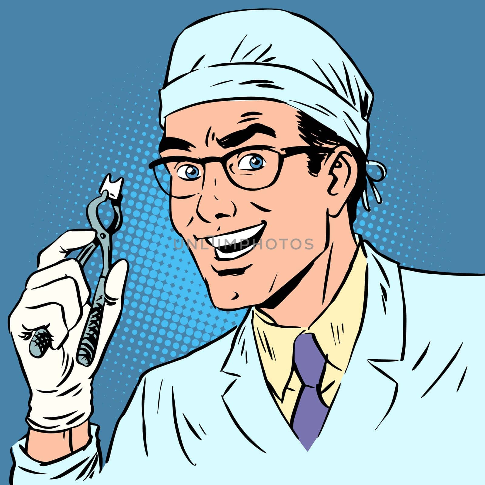 Funny dentist pulled out a tooth. Pop art retro comic book. Male health medicine