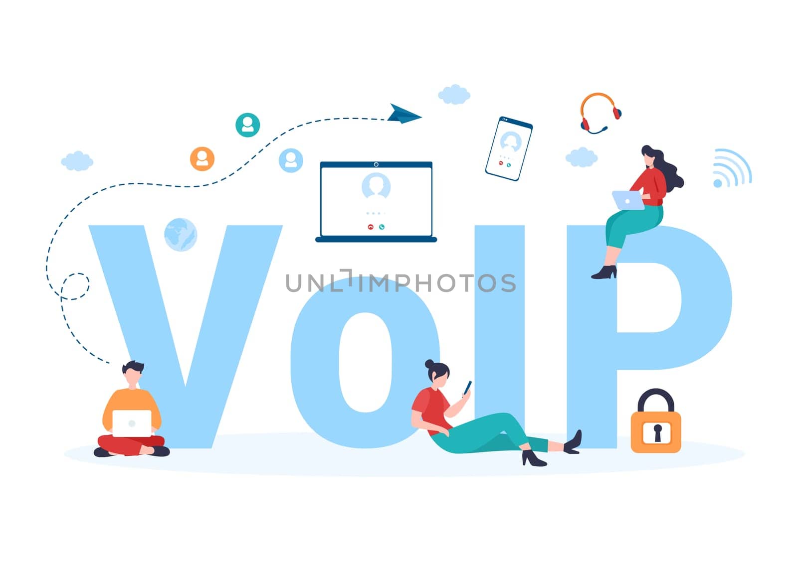 VOIP or Voice Over Internet Protocol with Telephony Scheme Technology and Network Phone Call Software in Template Hand Drawn Cartoon Flat Illustration