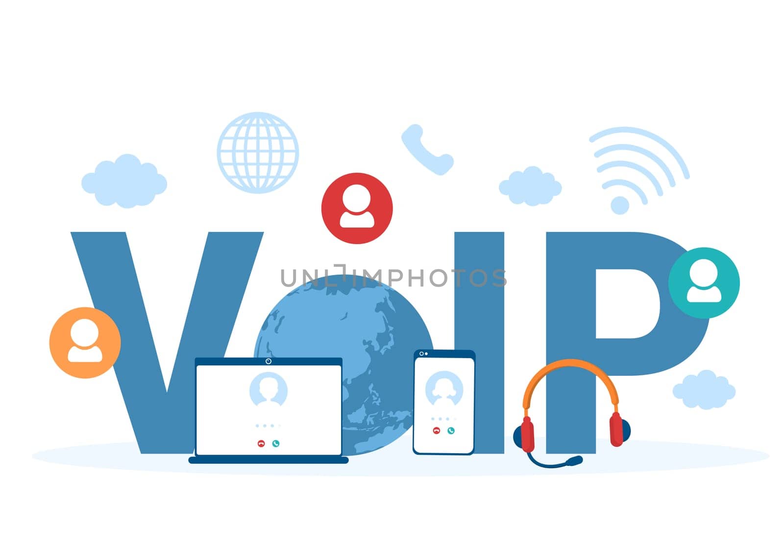 VOIP or Voice Over Internet Protocol with Telephony Scheme Technology and Network Phone Call Software in Template Hand Drawn Cartoon Flat Illustration