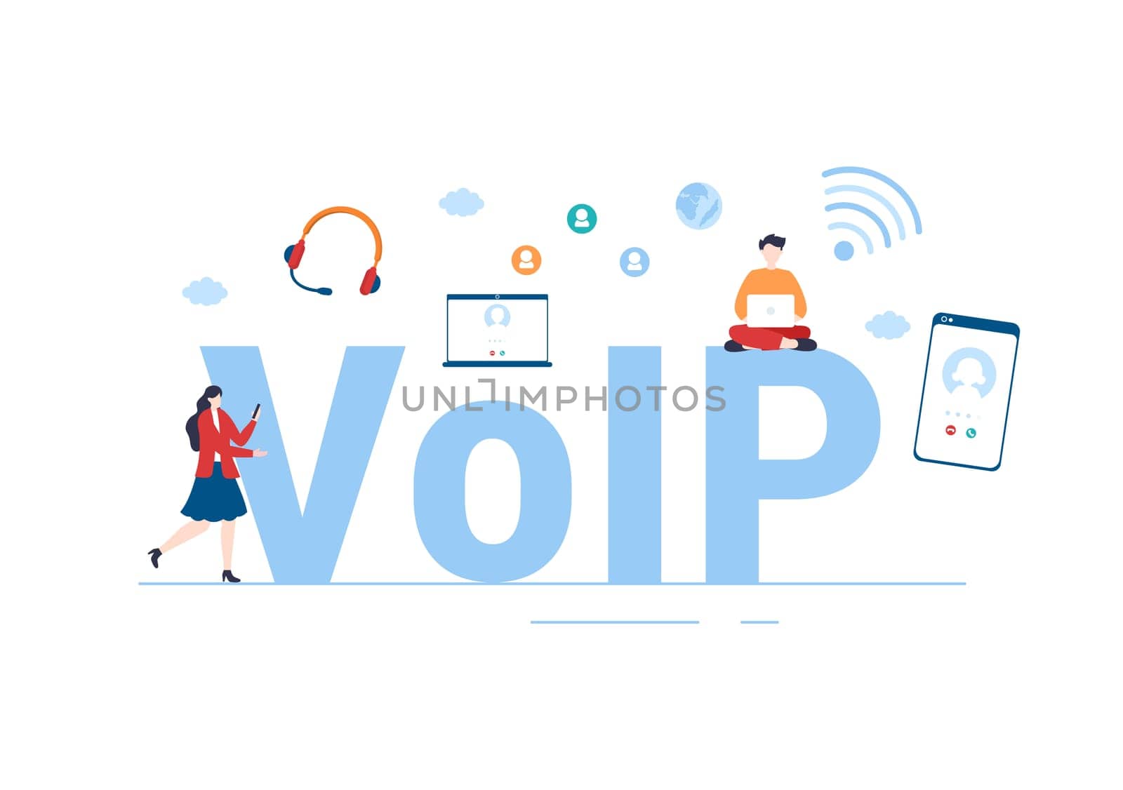 VOIP or Voice Over Internet Protocol with Telephony Scheme Technology and Network Phone Call Software in Template Hand Drawn Cartoon Flat Illustration