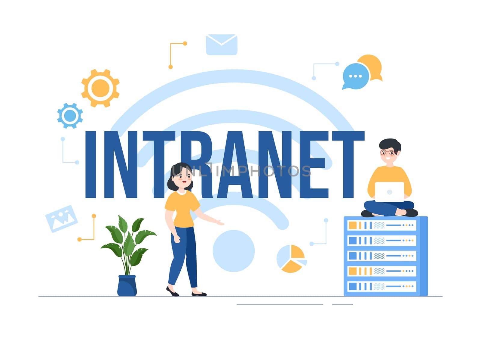 Intranet Internet Network Connection Technology to Share Confidential Company Information in Template Hand Drawn Cartoon Flat Illustration