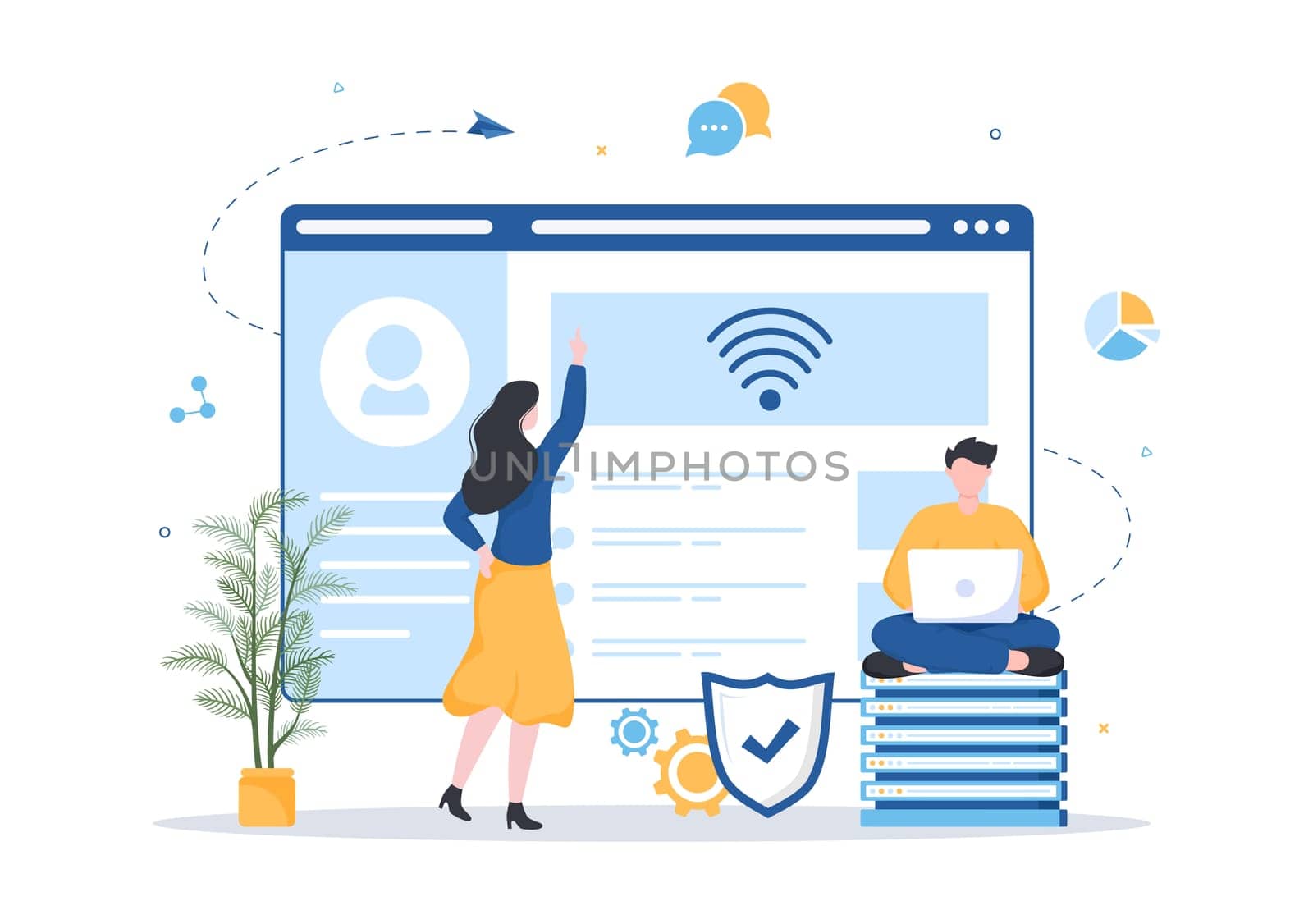 Intranet Internet Network Connection Technology to Share Confidential Company Information in Template Hand Drawn Cartoon Flat Illustration
