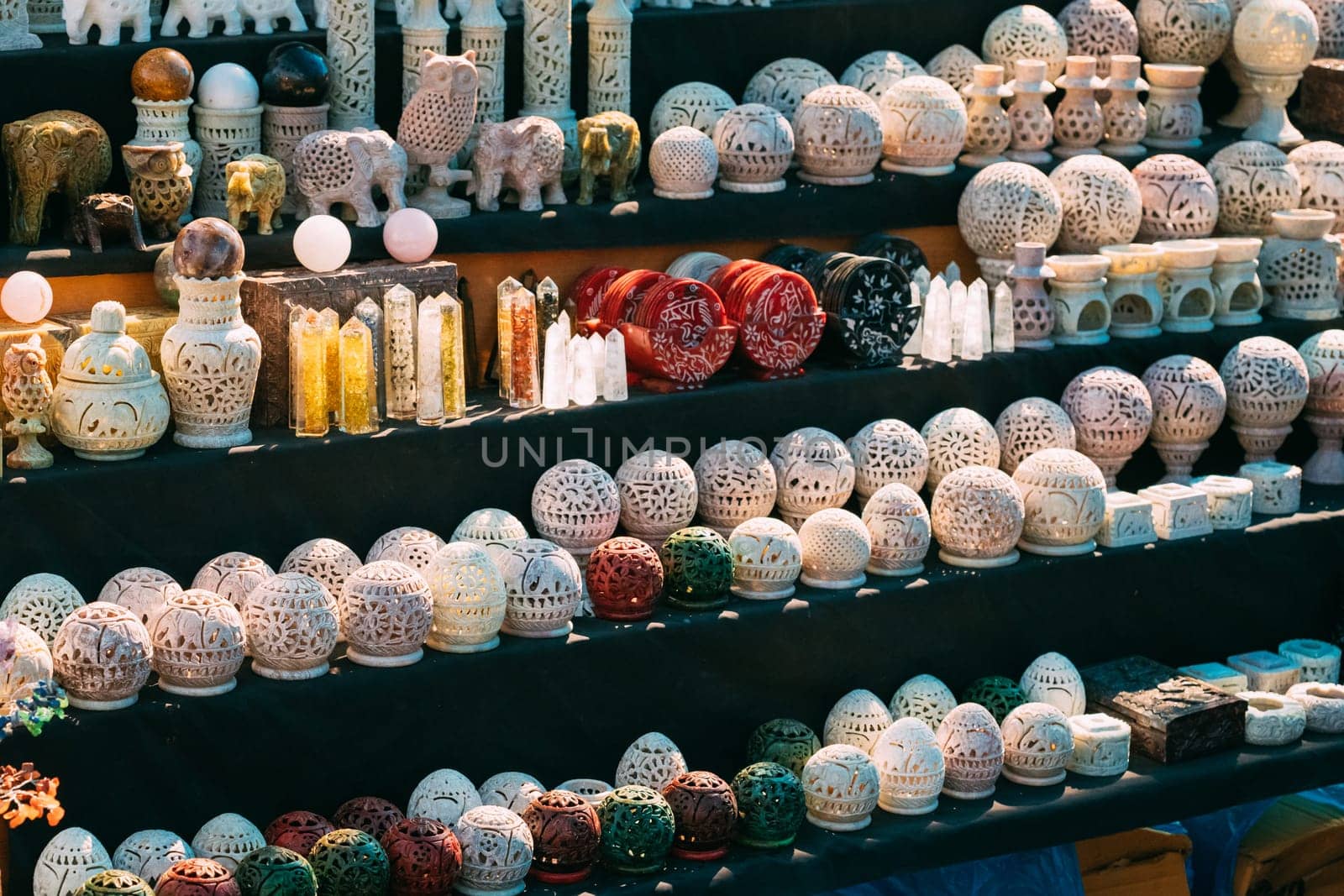 India. Market With Many Traditional Colorful Handmade Indian Carved Ceramic Candle Holders. Popular Souvenirs From India.
