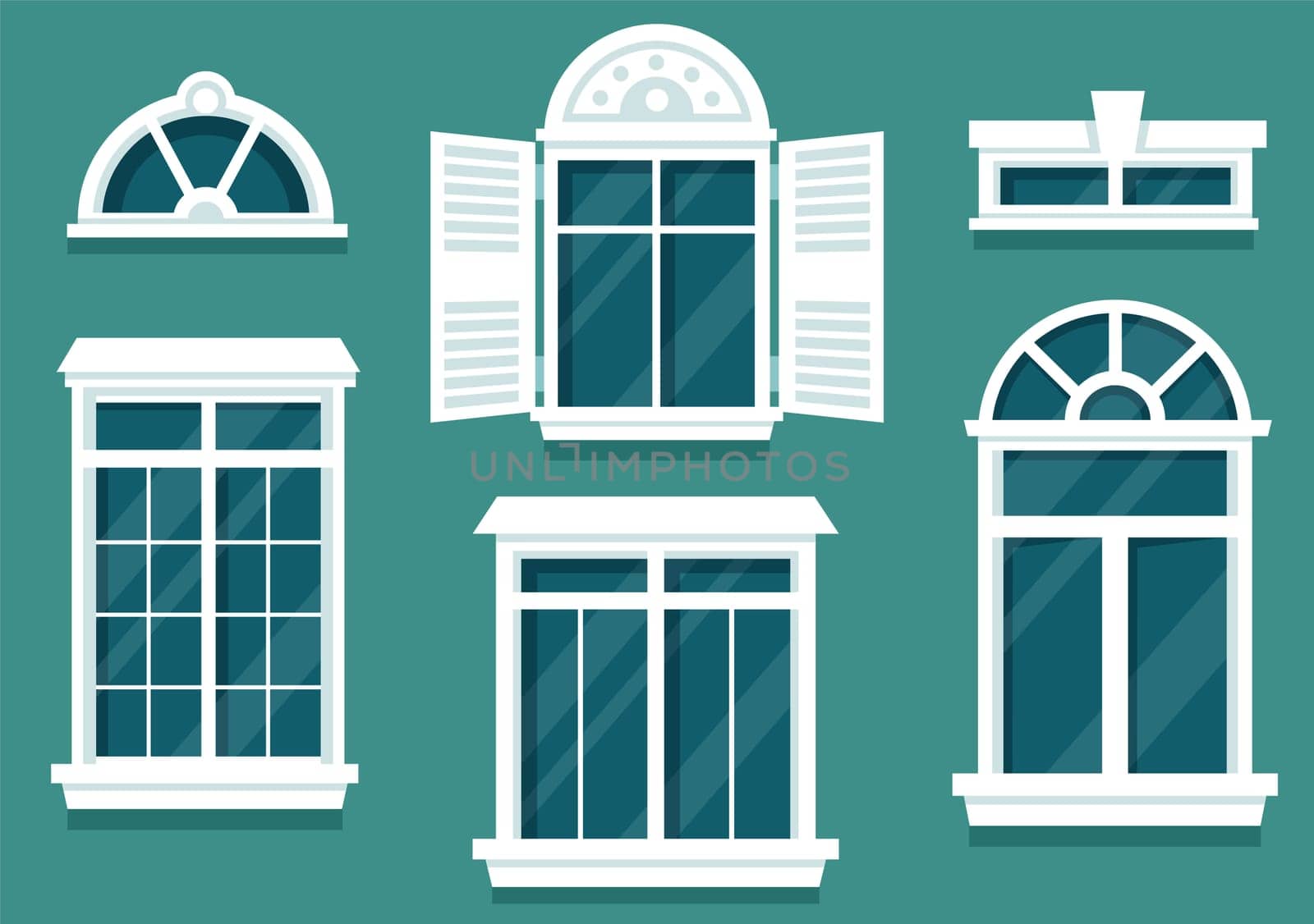 House Architecture with Set of Doors and Windows Various Shapes, Colors and Sizes in Template Hand Drawn Cartoon Flat Background Illustration