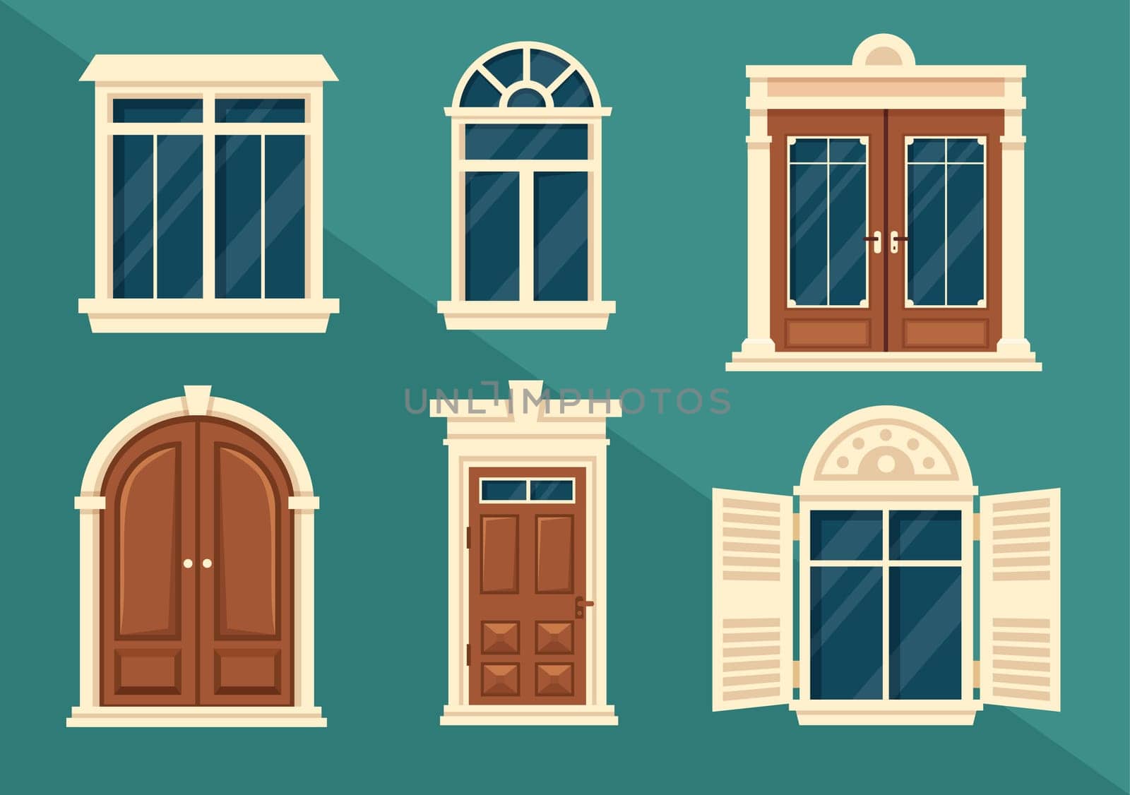 House Architecture with Set of Doors and Windows Various Shapes, Colors and Sizes in Template Hand Drawn Cartoon Flat Background Illustration