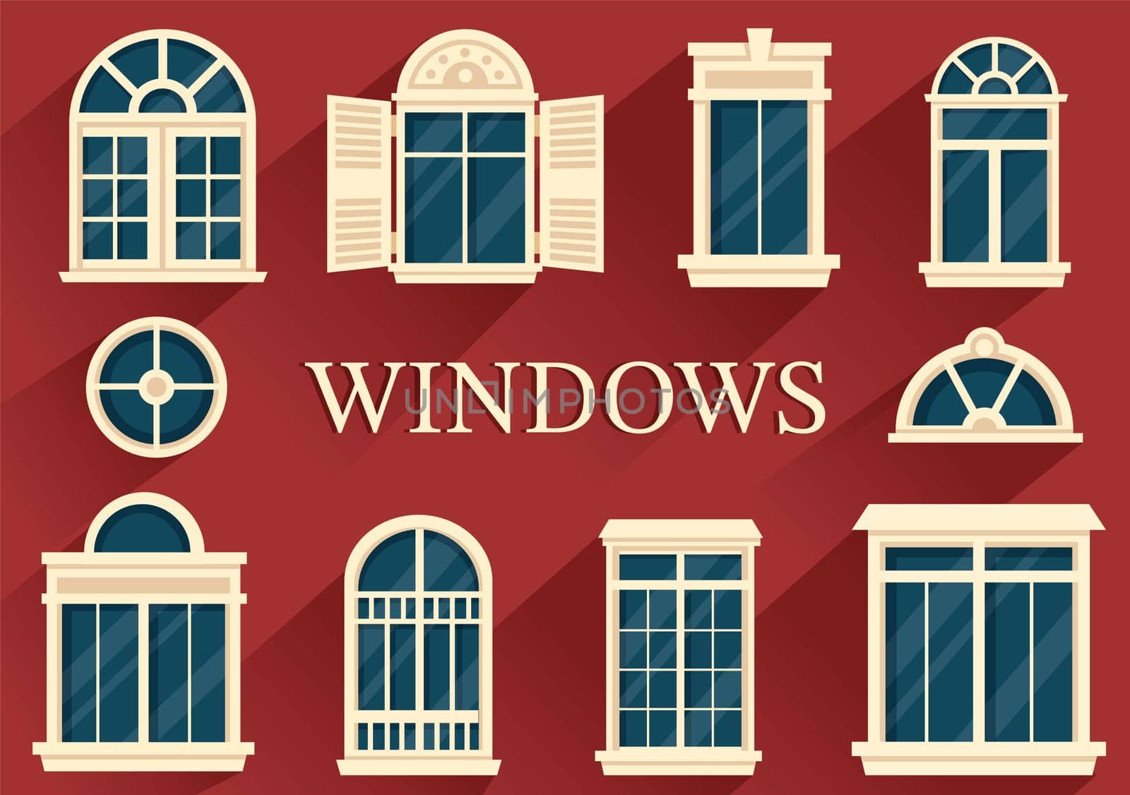 House Architecture with Set of Doors and Windows Various Shapes, Colors and Sizes in Template Hand Drawn Cartoon Flat Background Illustration
