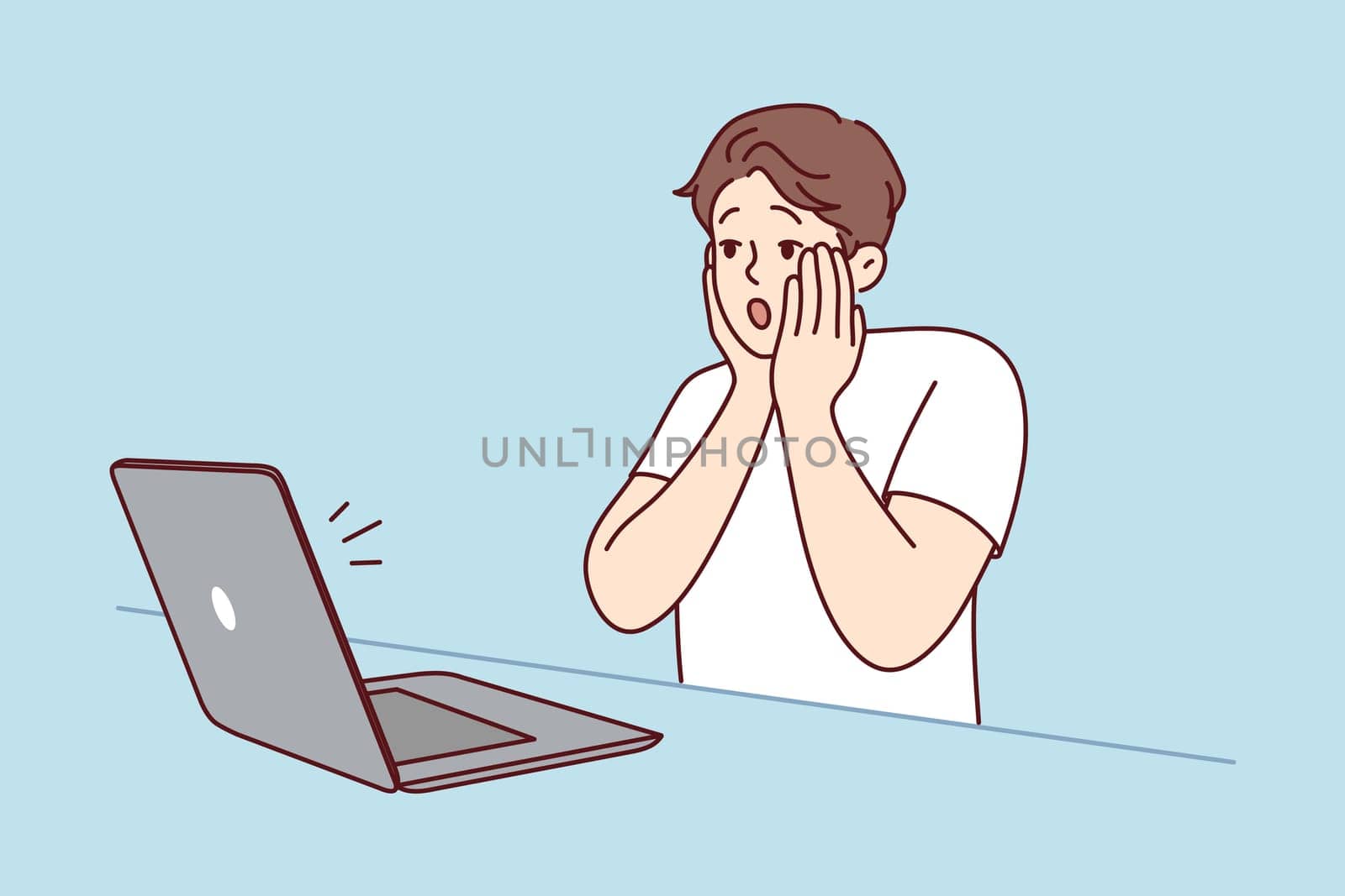 Stunned young man look at laptop screen shocked by unexpected news online. Amazed male surprised by message or text on computer. Vector illustration.