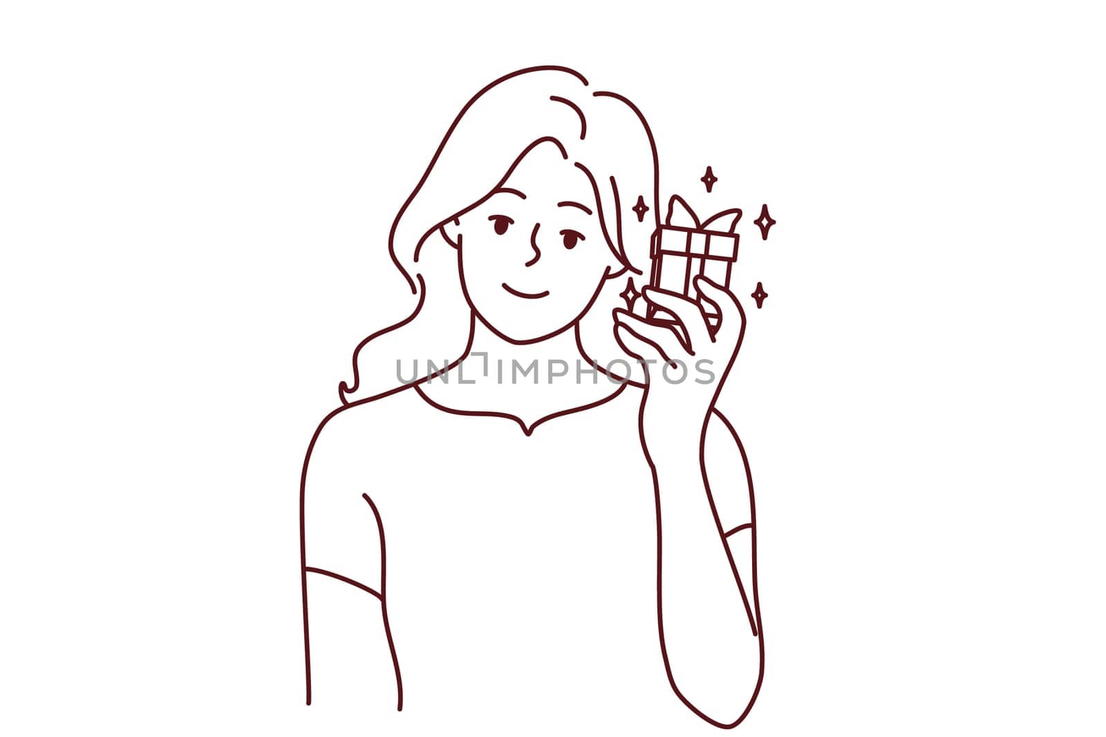 Smiling young woman with present in hands excited with birthday celebration. Happy girl with gift box having anniversary. Vector illustration.
