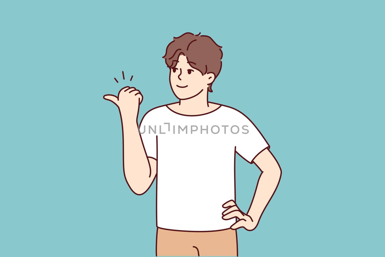 Smiling young man point at empty copy space aside. Happy male show with finger good sale deal or promotion. Recommendation. Vector illustration.