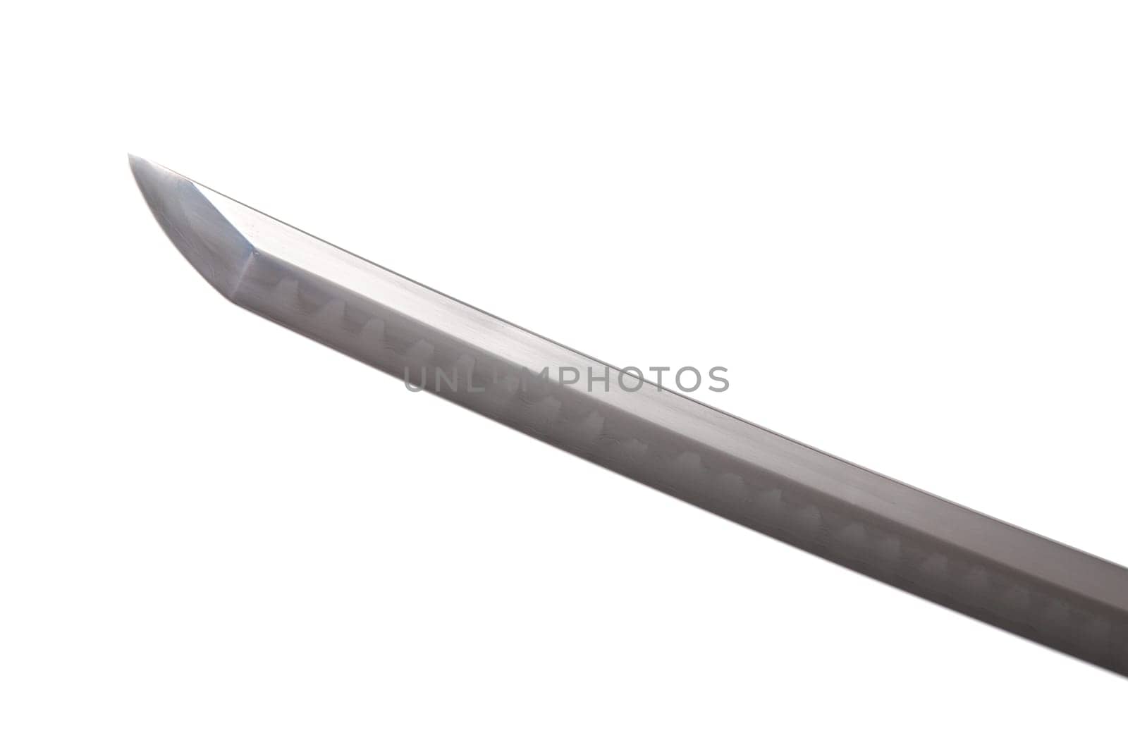 Japanese sword blade (made in China) on white background. Soft focus The blacksmith forged several folds until several layers were formed. Can be seen clearly on the surface.