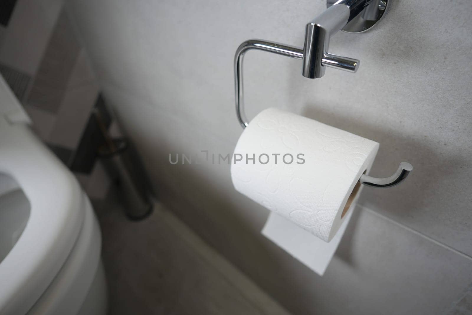 A bathroom features a silver toilet paper holder with fresh rolls.