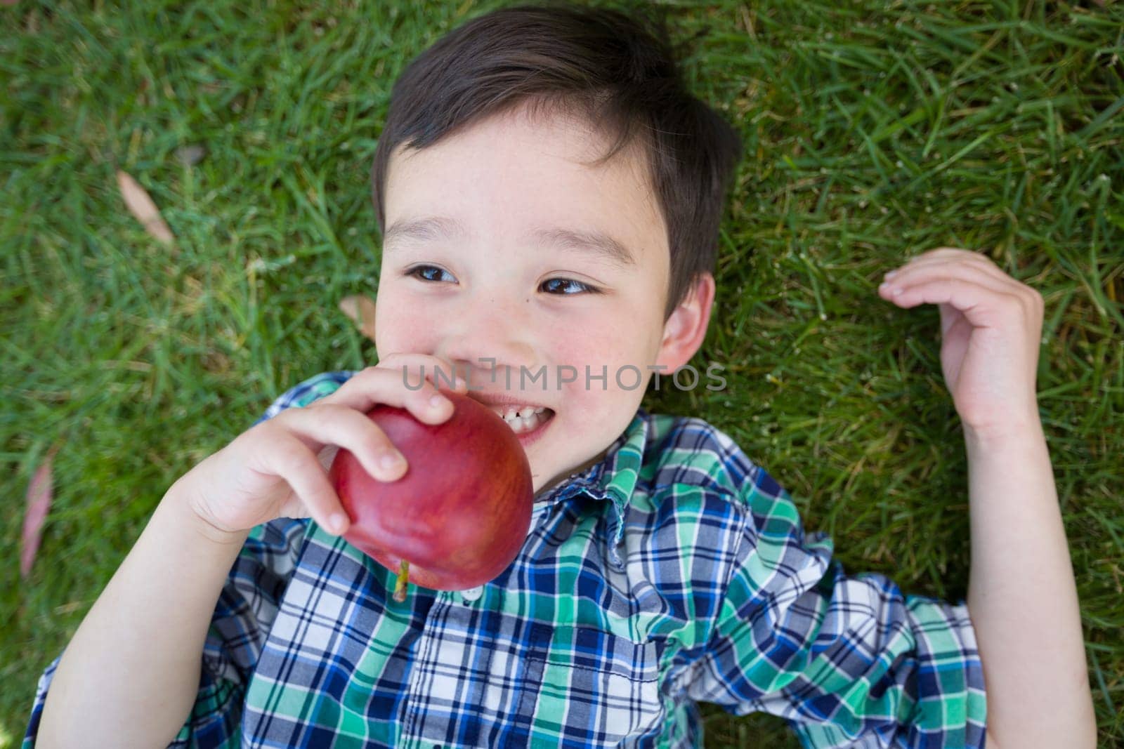 Mixed Race Chinese and Caucasian Young Boy With Apple Relaxing On His Back Outside On The Grass.