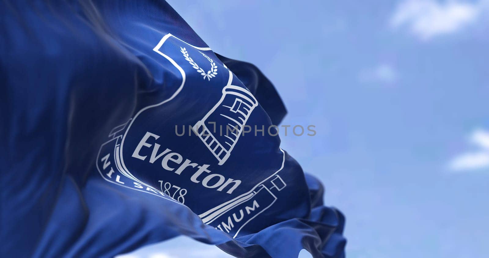 Liverpool, UK, sept 2022: The flag of Everton football club waving in the wind. Everton FC is a professional football club based in Liverpool, England