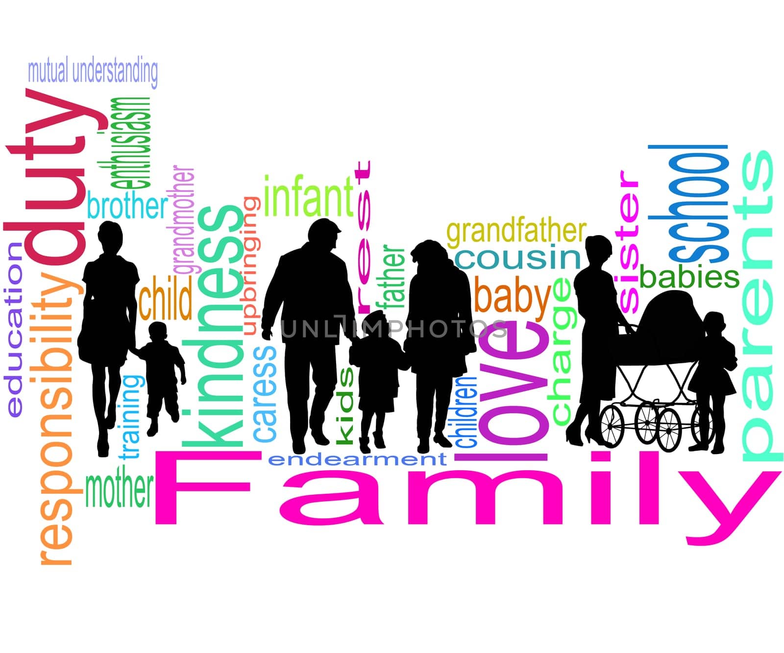 Silhouettes of children and parents on a white background