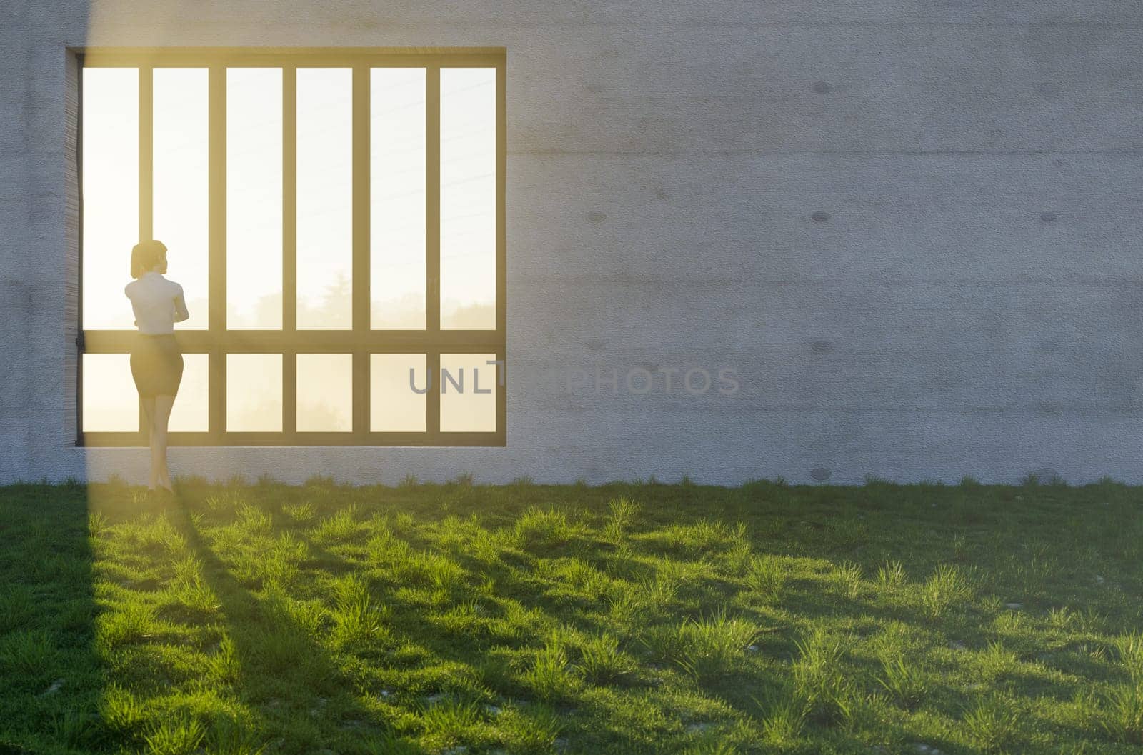 3D Illustration of Woman Standing At Window with Bright Sun Light Shining Through Concrete Wall in Grass and Rocks Field.
